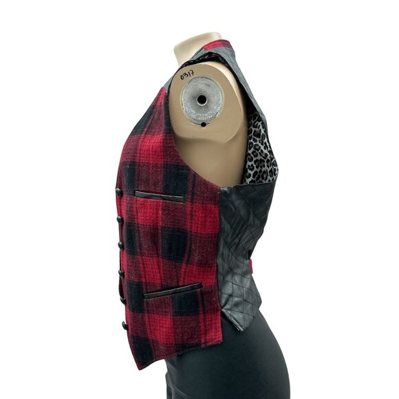 Tasha Polizzi Wool Plaid Vest Red Black Quilted Faux Leather Back Lined Womens M - Picture 10 of 10
